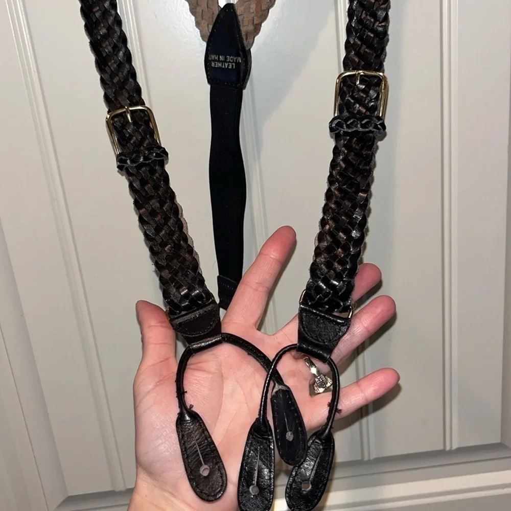 Black braided leather suspenders made in Haiti gold tone hardware